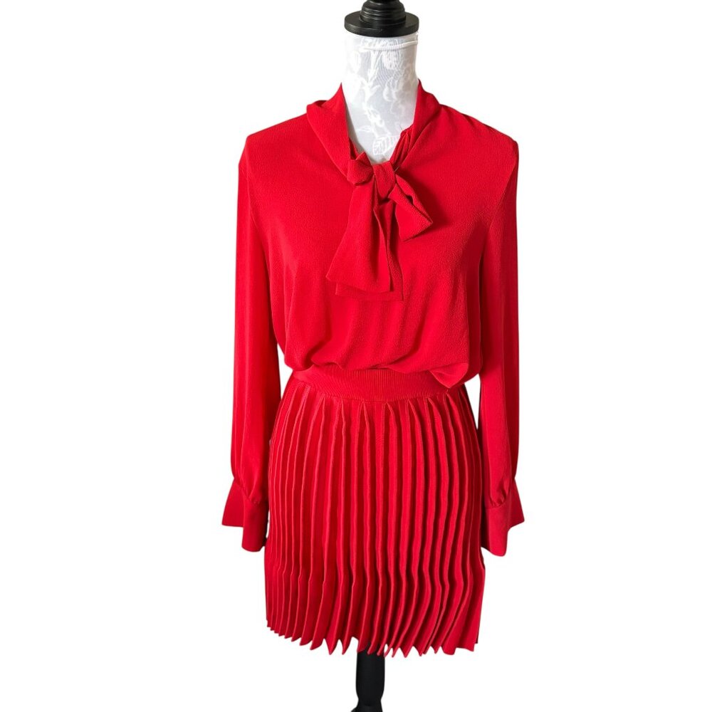 Maje Rivage Tie-Neck Dress Red Pleated Womens Size Medium (2)